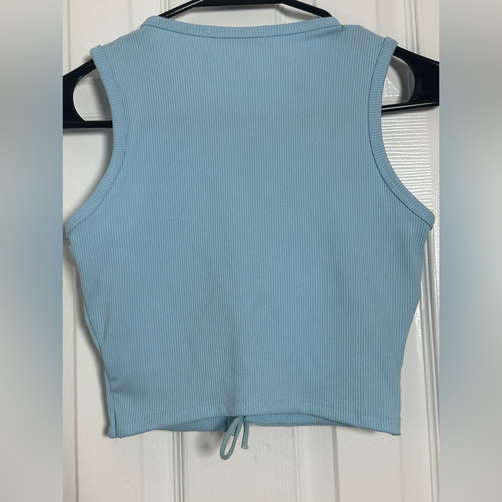 Blue Ribbed Tie Front Crop Top - Picture 3 of 7